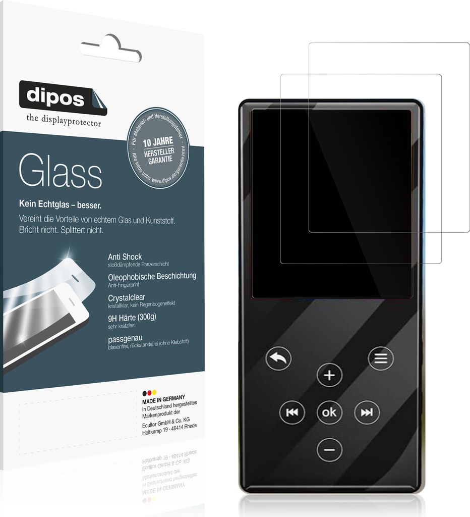 2x Schutzfolie für Gueray Q9 MP3-Player - Anti-Shock 9H Folie dipos Glass Kunststoffglas