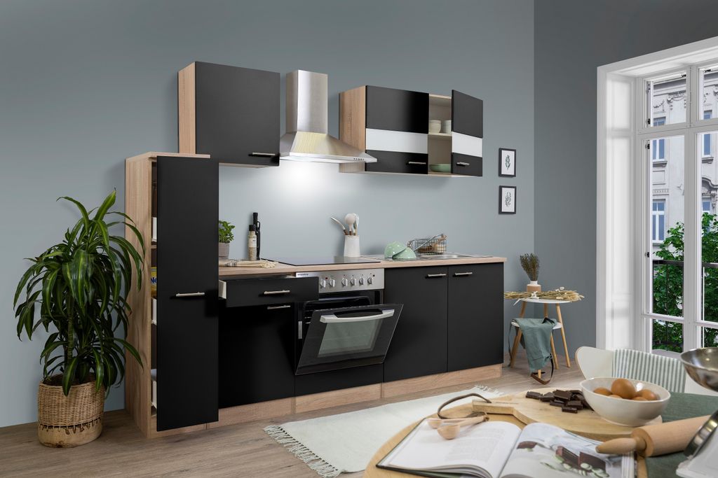 Küche Küchenzeile Küchenblock Einbauküche Eiche Schwarz Produktbild 