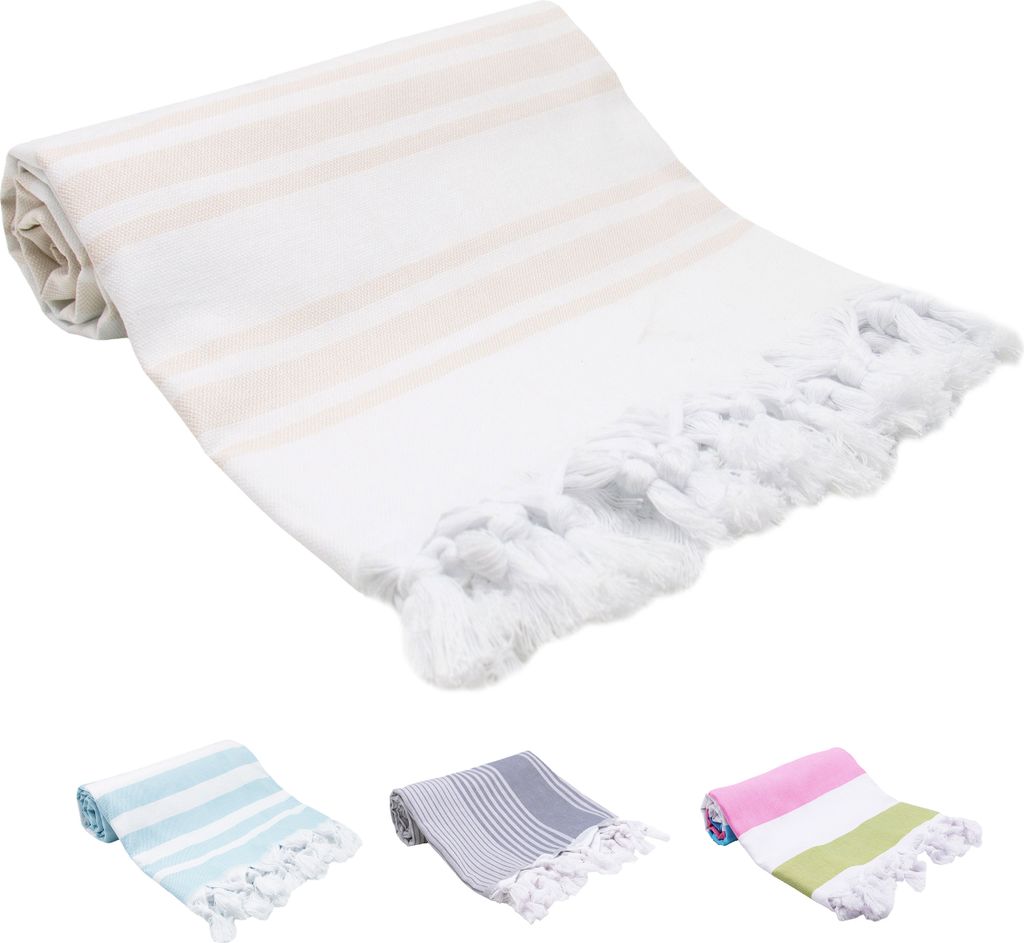 Hamamtuch mit Fransen, Baumwolle, 90x170 cm, beige-weiß-gestreift