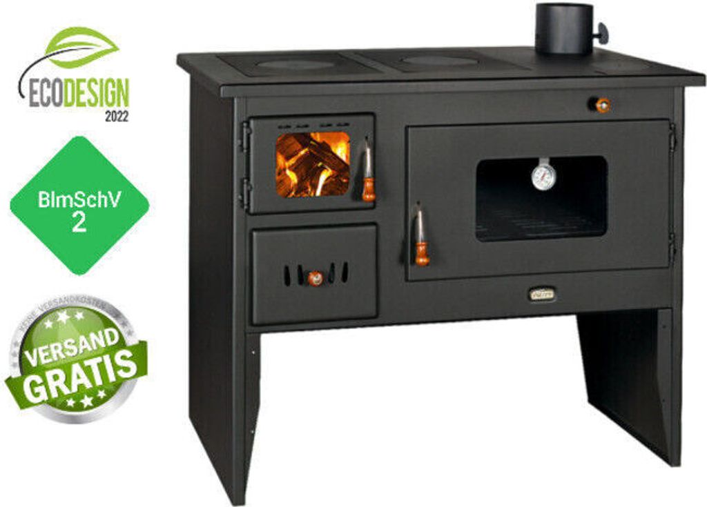 A black wood-burning stove with a glass oven door and a stovetop, displayed on a white background with marketing badges.