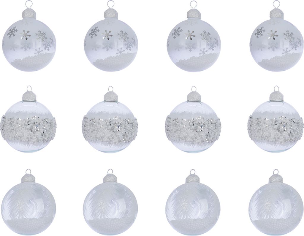 Weihnachtskugeln Glas mit Motiv gefüllt 8cm klar / weiß, 12er Set