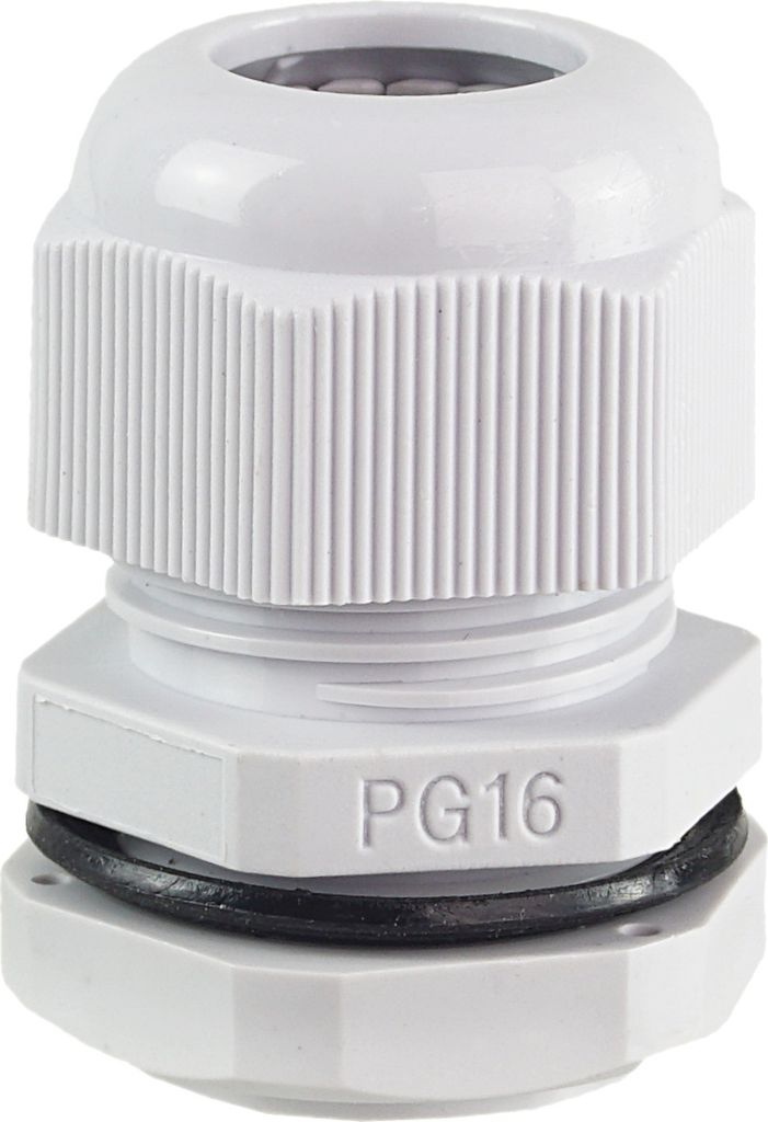 A white cable gland with a black rubber seal, labeled PG16.