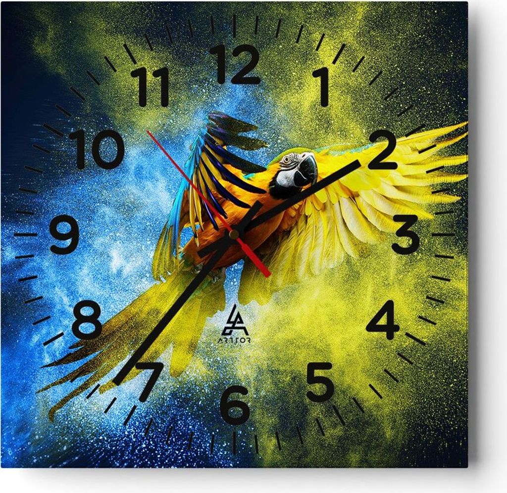 Wanduhr - Quadrat - Glasuhr - Papagei Vogel Feder - 30x30cm - Schleichendes Uhrwerk - Lautlos - zum Aufhängen bereit - Dekoration Modern - Wanddek...