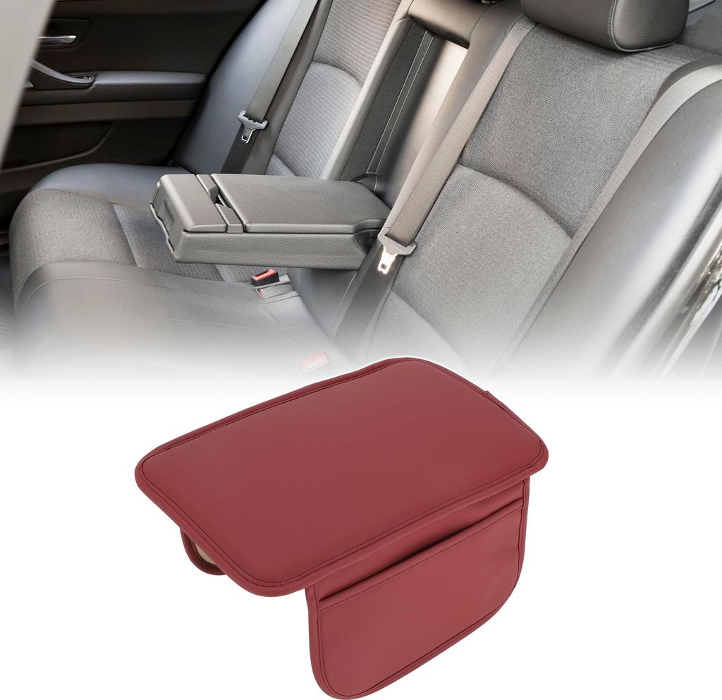 Center Console Kissen Pad mit Aufbewahrungstaschen 12,2"x7,87" Center Console Abdeckung Dünne Armlehne Sitzbox Abdeckung Kunstleder Weinrot