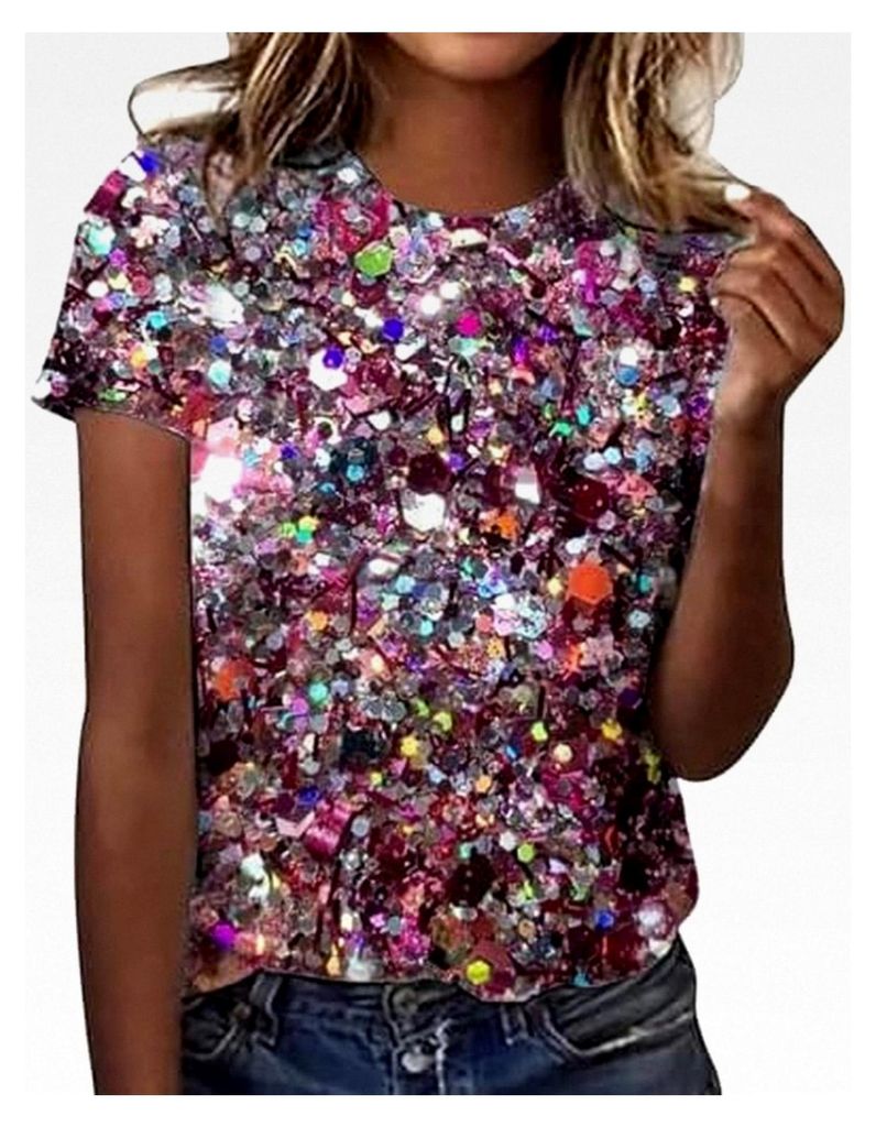 Glitzernde Oberteile für Damen mit Pailletten, festliches Blusenshirt, kurzärmlig, Rundhalsausschnitt, lässig und elegant, weiche und bequeme To...