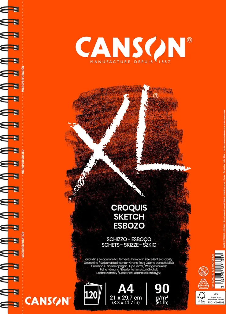 Canson XL Sketch 90g Carnet Spirale Côté Long A4 120 Feuilles Grain Fin