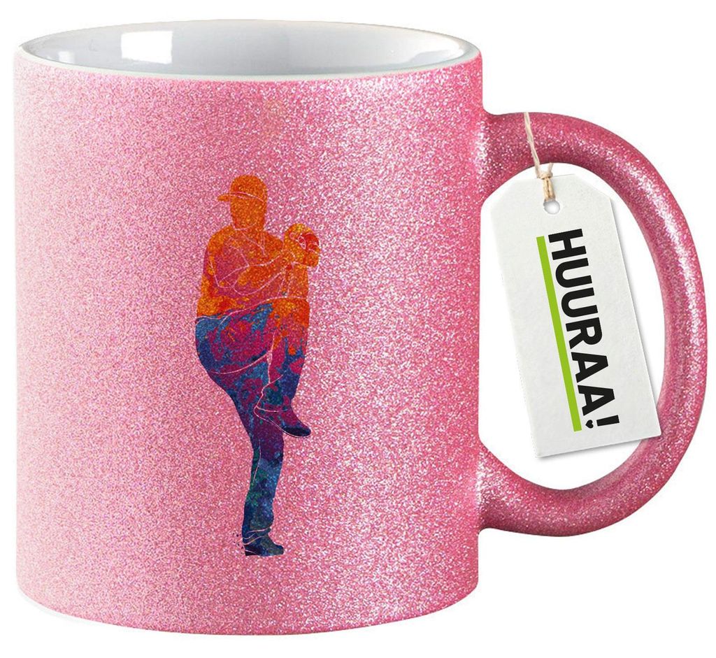 Huuraa Glitzertasse Baseball Pitcher bunte Silhouette 330ml Pink Keramik Kaffeebecher Geschenkidee