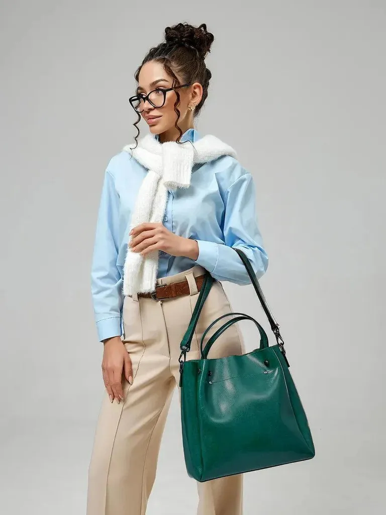 Grand sac cabas Aster en cuir véritable vert - Sac à main chic femme - 2
