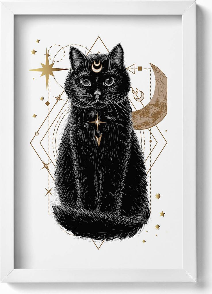Magische schwarze Katze und Raum– Wandbild mit Rahmen – Gerahmtes Bild – Wanddekoration – 20x30 cm – Weiß