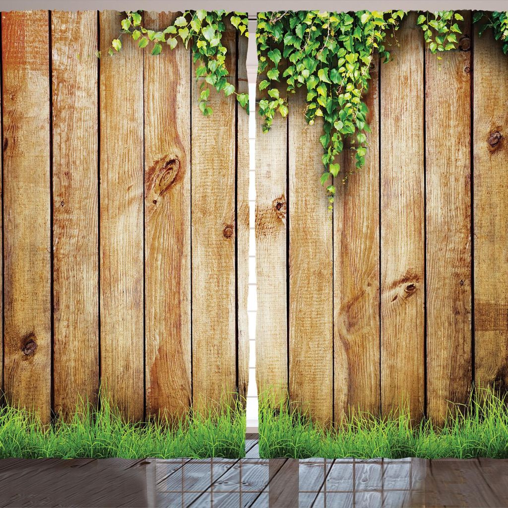 ARANDE Rustikal Gardine, Frisches Frühlings-Saison-Gras und Blatt-Anlage über altem hölzernem Zaun Garden Field Photo, 280 x 225 cm, Grün Braun