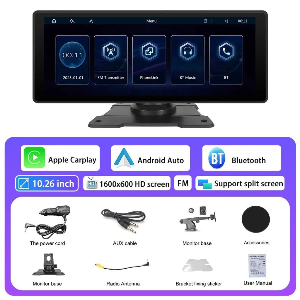 Écran tactile voiture 1 DIN avec CarPlay et Android Auto sans fil