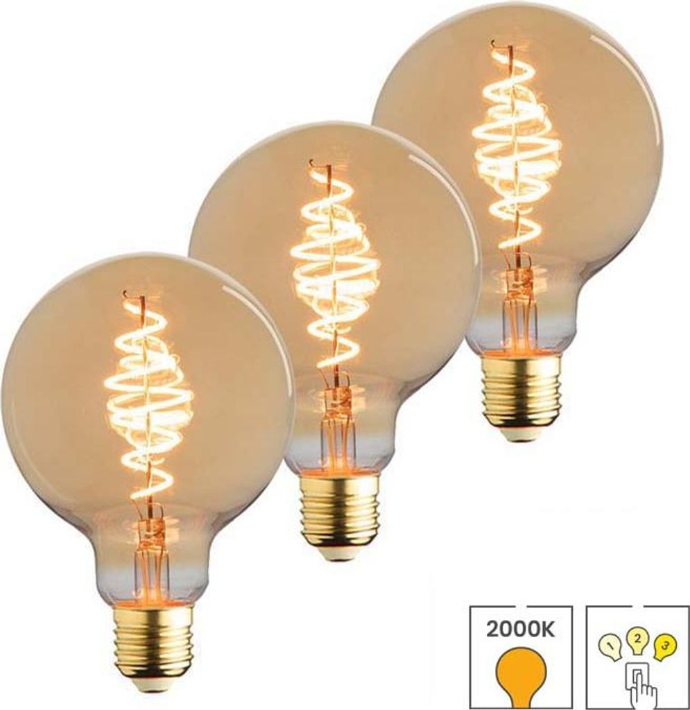 3-er Set LED-Lampen E27 | 3-stufig dimmbar | 3,5 Watt | 2000K extra warmweiß | Kugel 95 mm | Bernstein | Spiralglühfaden | Lybardo