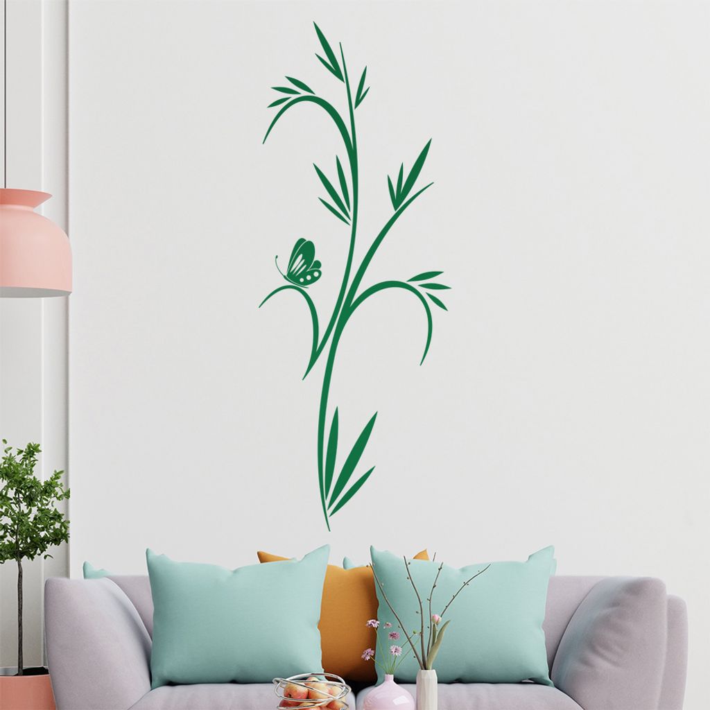kleiner Schmetterling - Pflanze - Bambus Wandtattoo in 6 Größen - Wandaufkleber Wall Sticker - Dekoration, Küche, Wohnzimmer, Schlafzimmer, Bade...