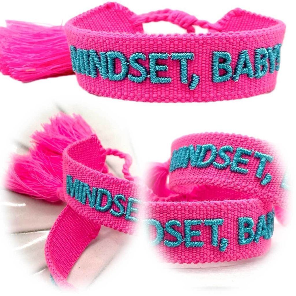 LS-LebenStil Canvas Statement Armband Mindset Baby Pink besticktes Stoffarmband gewebt textiles Quasten Spruch Boho Geschenk Freundschaftsarmband