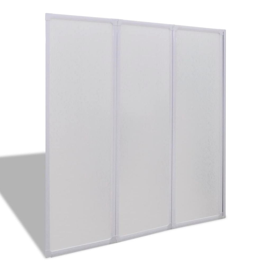 A white shower wall with three translucent panels, shown from a diagonal angle.