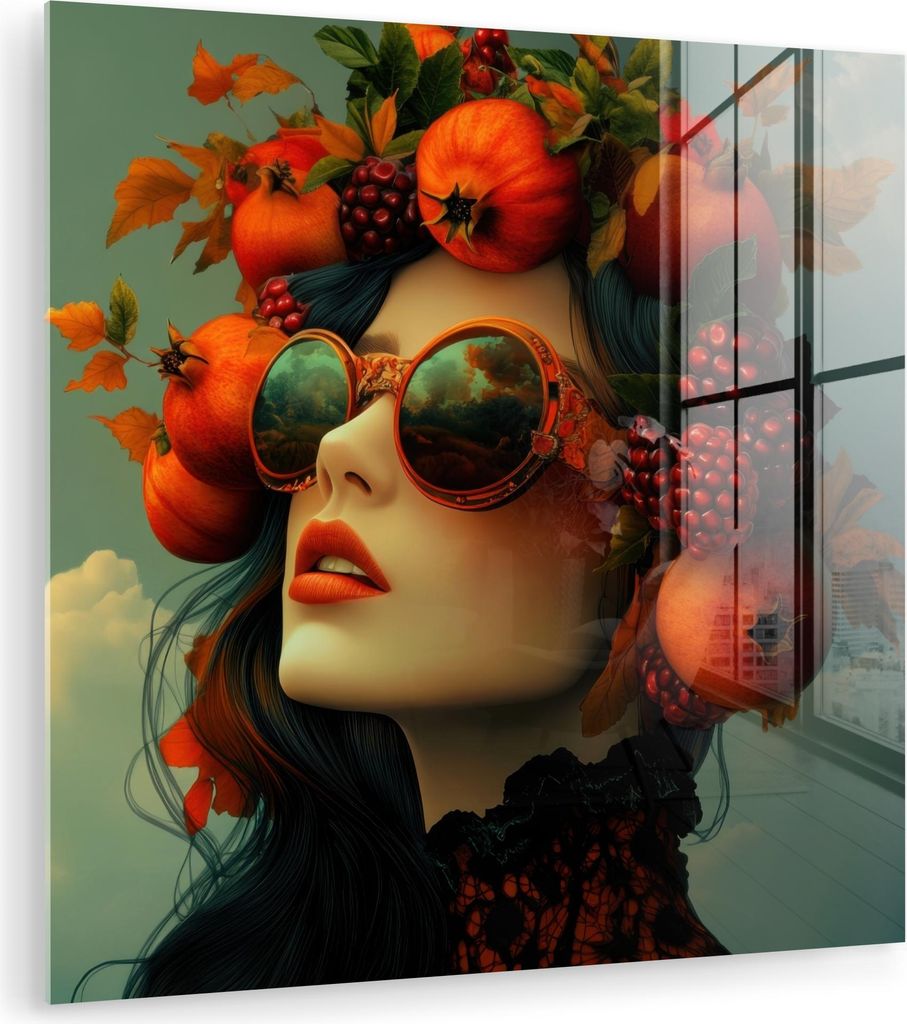 MuchoWow Glasbilder - Bilder auf Wandbild - Foto auf Glas Frau - Granatapfel - Herbst - Sonnenbrille 30x30 cm Wanddekoration aus Glas - Acrylglasbi...