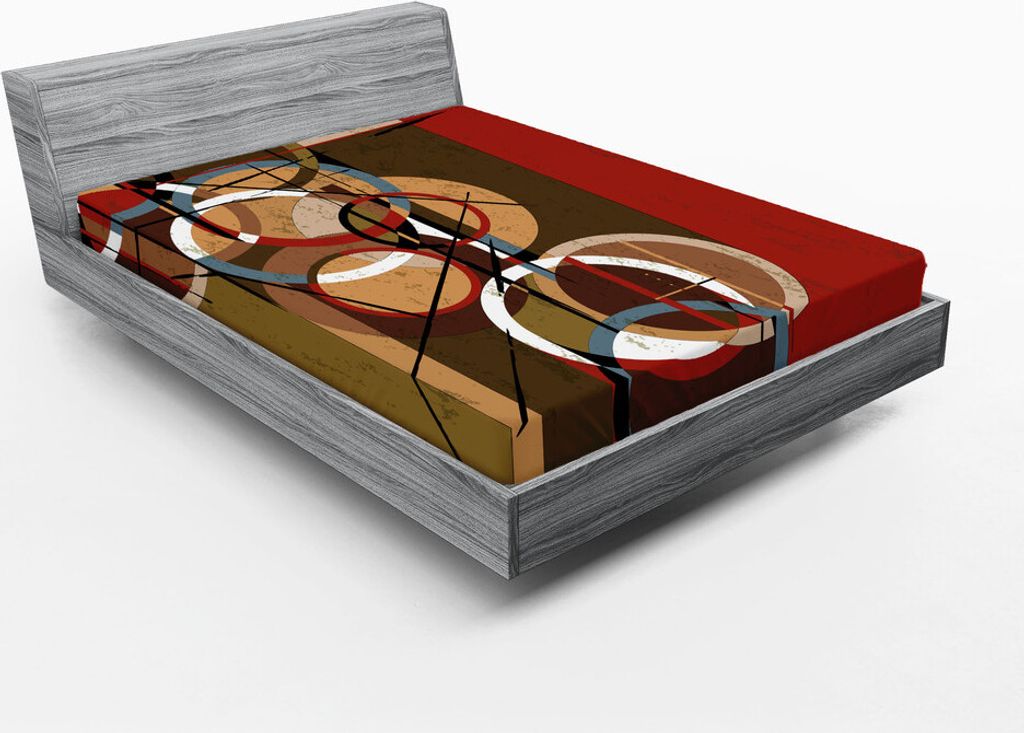 ABAKUHAUS Moderne Kunst Spannbetttuch, Retro- surreales abstraktes Kreis- und Quadrat-geformte Grafiklinien auf Murky-Basis, 120 x 190 cm, Mehrfarbig