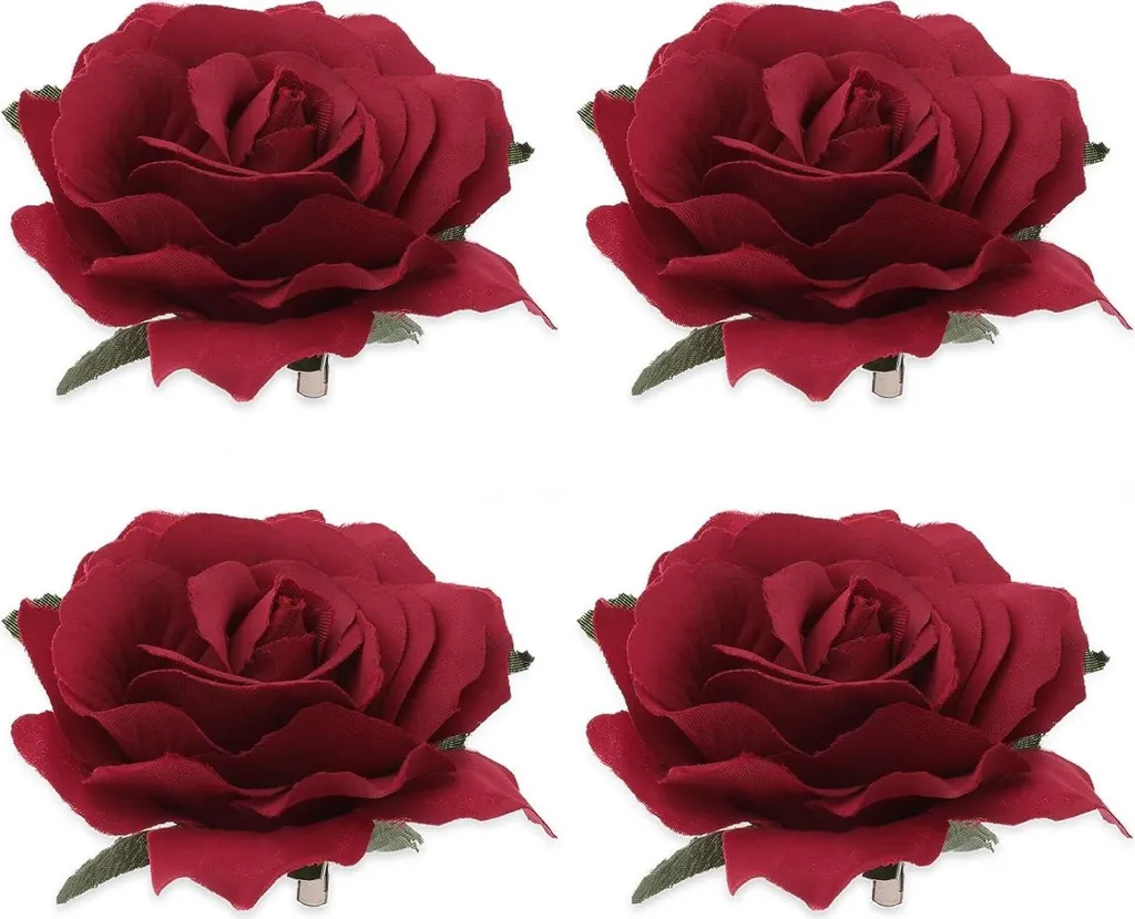 Décoration cheveux mariage : 4 roses rouges pinces pour chignon chic