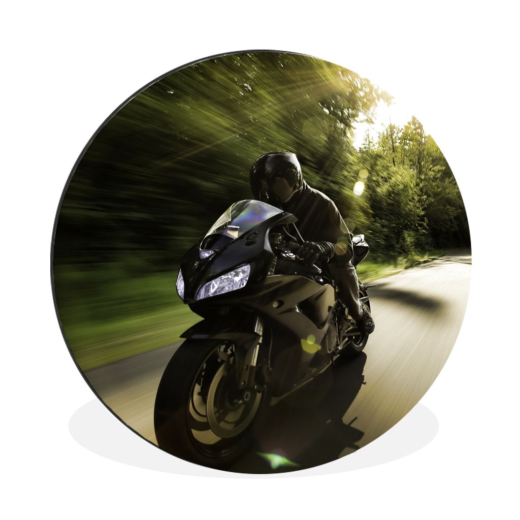 MuchoWow Aluminium Wandkreis Sportliches Motorrad im Sonnenschein Ø 60 cm Wanddeko Modern Wohnzimmer - Wand Kreis - Wandbild - Schlafzimmer - Al...