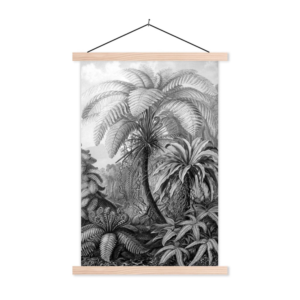 MuchoWow Textilposter Pflanzen - Schwarz und weiß - Design - Illustration - Botanisch 60x90 cm mit holzfarbenen Rahmen - Textil