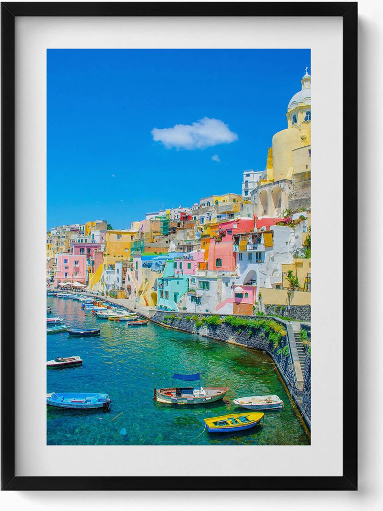 Küstenstadt und Boote– Wandbild mit Rahmen – Gerahmtes Bild – Wanddekoration – 50x70 cm – Schwarz Rahmen