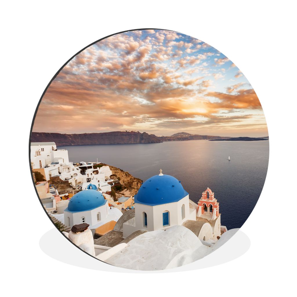 MuchoWow Aluminium Wandkreis Sonnenaufgang über dem Wasser in Oia Griechenland Ø 30 cm Wanddeko Modern Wohnzimmer - Wand Bild - Wohnzimmer - Ru...