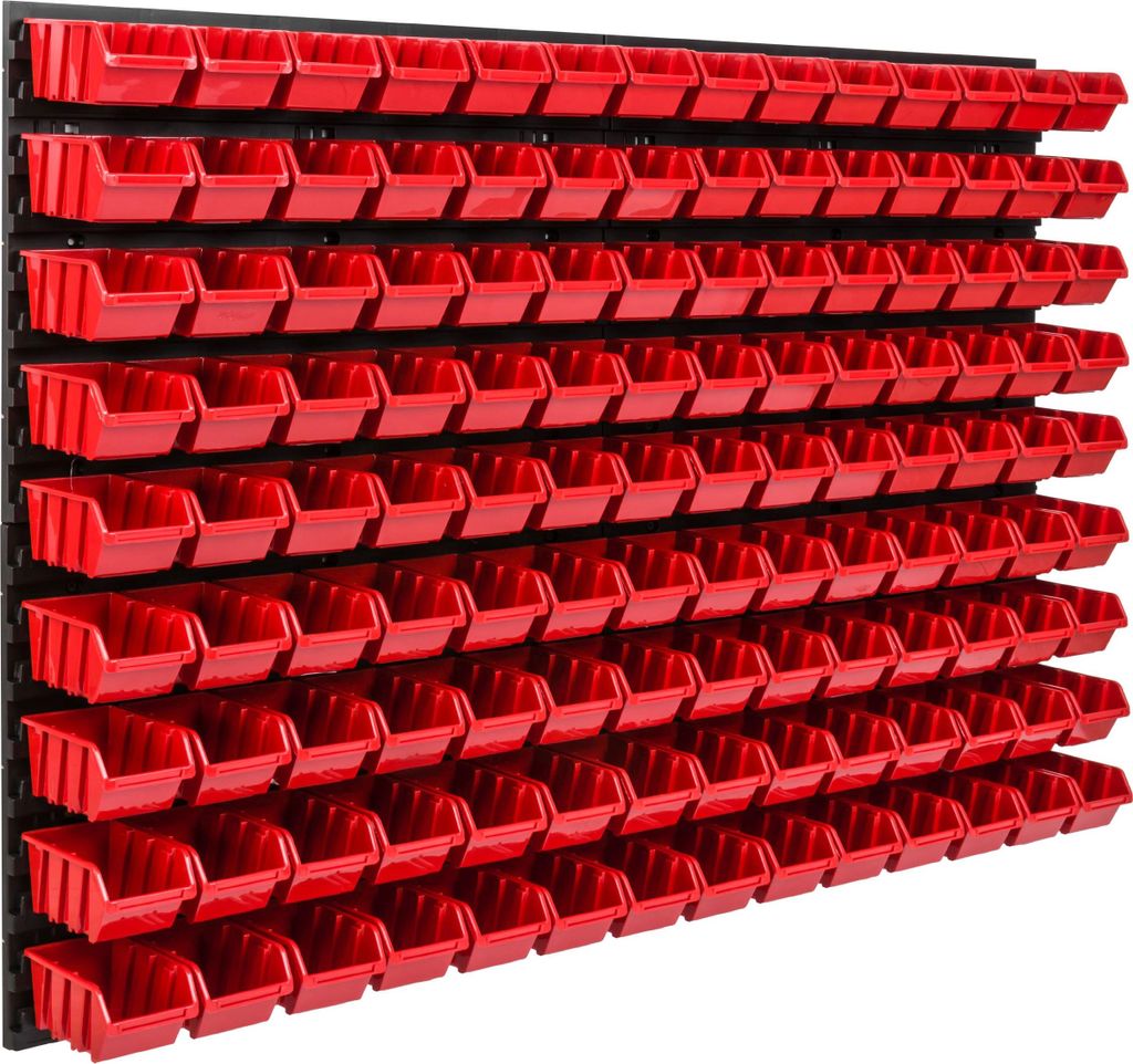 Lagersystem Werkstattregal | 115 x 78 cm | 126 stck. Box | Wandregal mit Stapelboxen - Wandplatten Extra Starke Schüttenregal Warkzeuglochwand Lag...