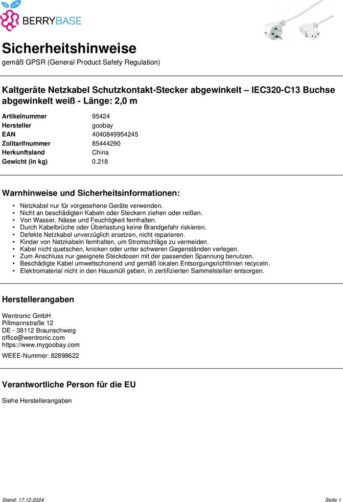 GOOBAY Kabel síťový, CEE 7/7(M) - IEC320 C13, 90°, 2m, bílý Obrázek produktu 7
