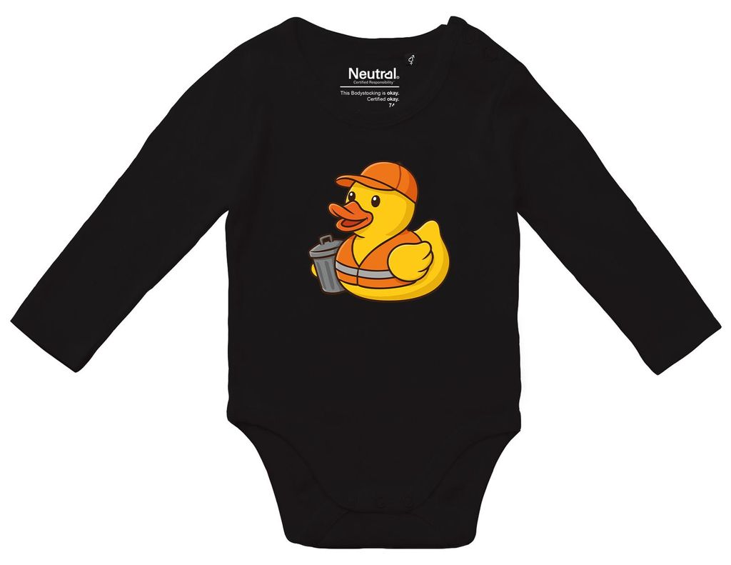 Huuraa Baby Body Quietscheente Müllmann Gummiente Müllabfuhr 62 Black Baumwolle Fairtrade Langarmbody Geschenkidee