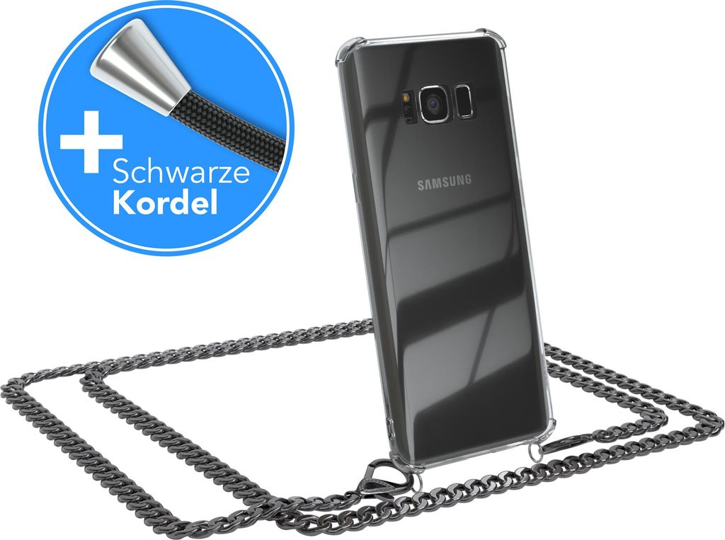 EAZY CASE Metall Handykette für Samsung Galaxy S8, Handyhülle mit Umhängeband, Silikonhülle, Metallkette für Smartphone in Grau