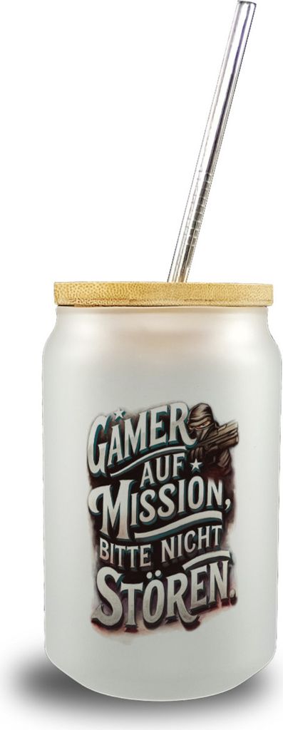 Gamer auf Mission Trinkglas mit Bambusdeckel Bitte nicht stören