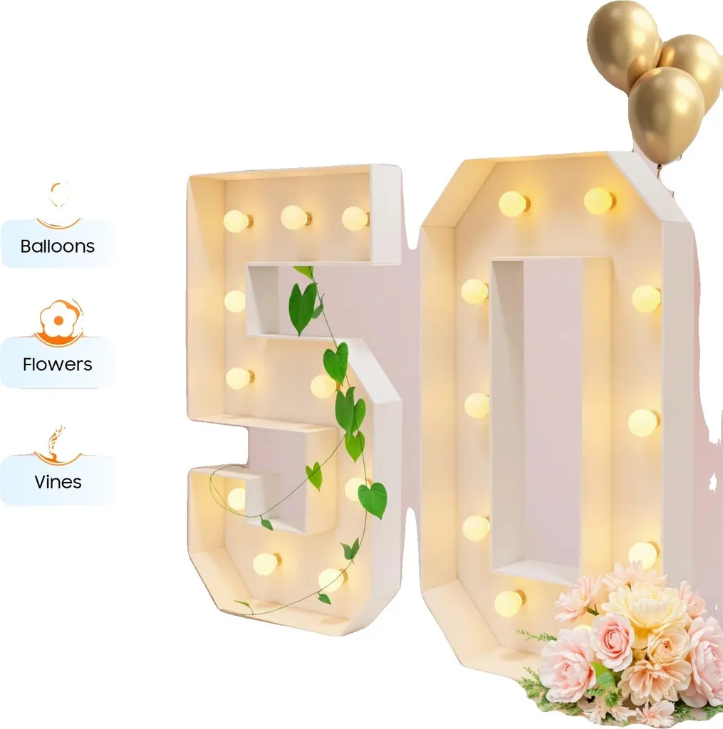 Numeri luminosi, materiale KT-Board, altezza 100 cm, 20 lampadine LED, alimentazione a batteria, luce calda 2000-3000K