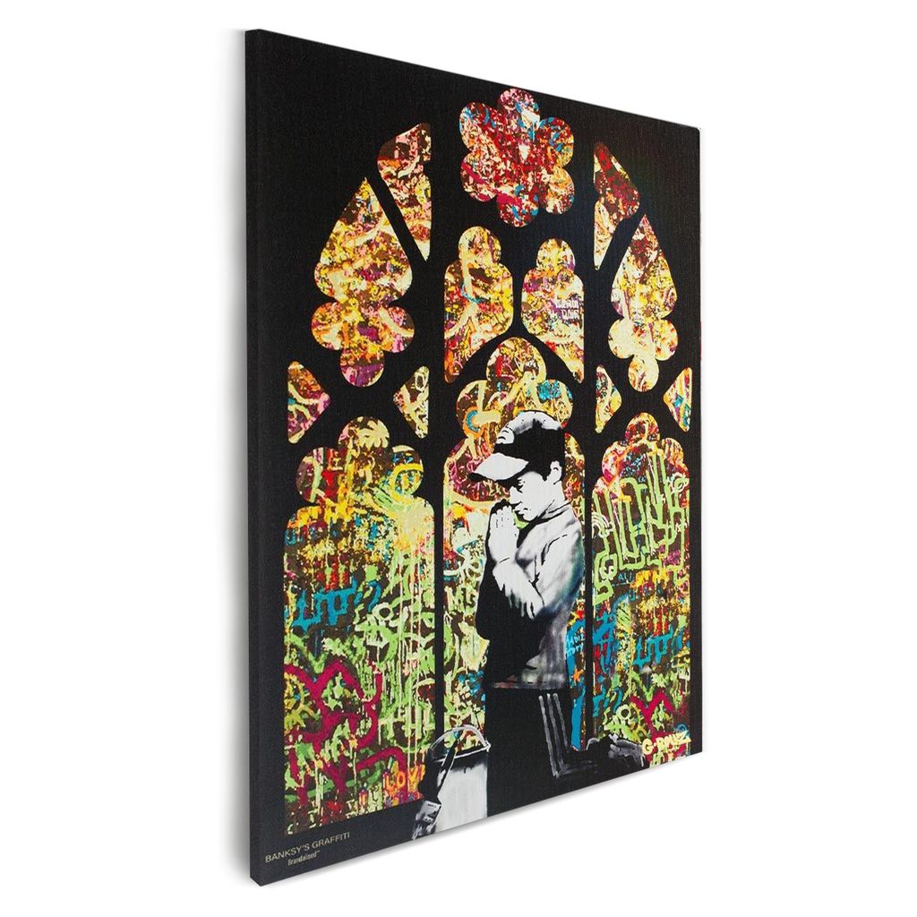 Banksy Graffiti Leinwandbild – Offiziell lizenziert – Für Wohnzimmer, Schlafzimmer & Büro – Motiv: Praying Boy – Größe: Medium (48 x 68...