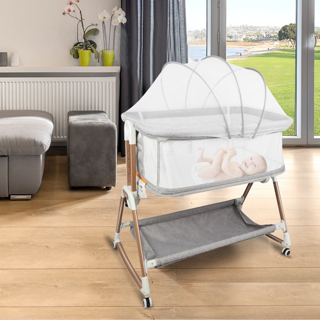 2 in 1 Beistellbett Baby,Bettseitiger Bassinet für Neugeborene,6-stufig Höhenverstellbares Babybett,Neigbar Stubenwagen,Kinderbett 90x60x90-115cm...