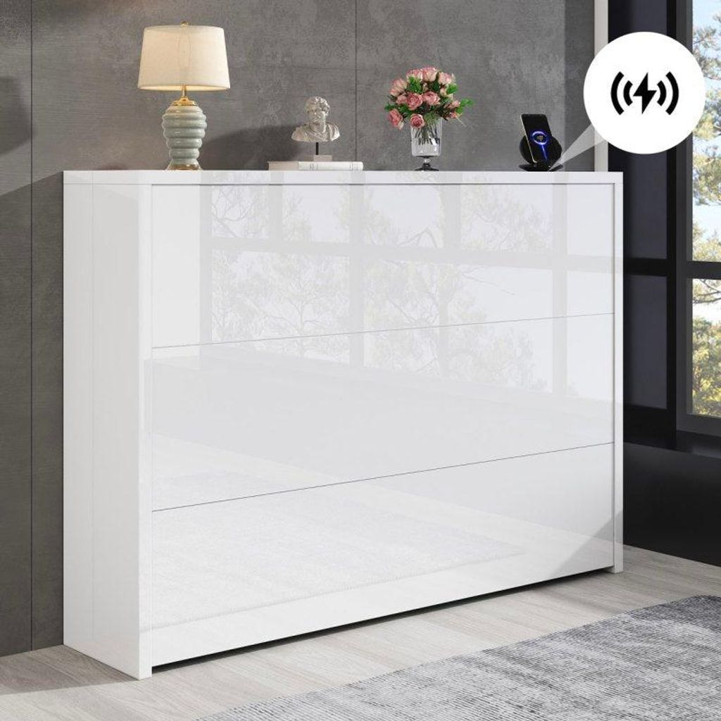 Faltbarer Schreibtisch mit Rollen & Wireless Charger–2-in-1 Sideboard & Arbeitsplatz, 115×27×93 cm (geschlossen, 95×51cm) White