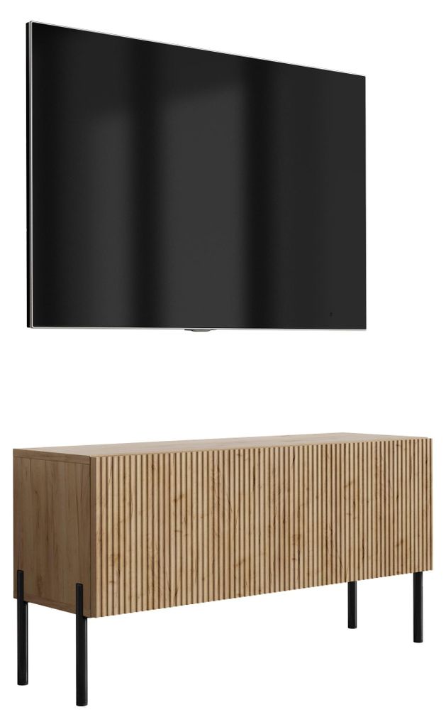 TV-Schrank mit geriffelter Front, Eiche Craft, gerade schwarze Beine, 100 × 32 × 52 cm