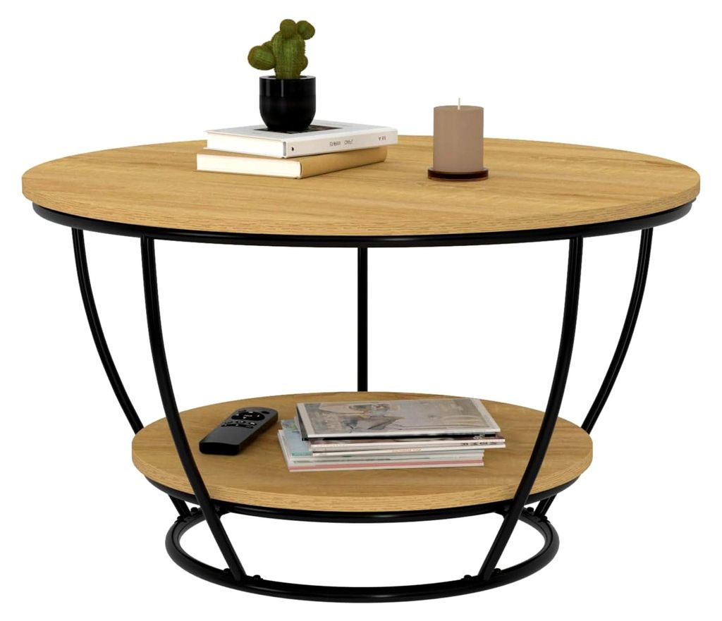 Runder Couchtisch mit doppelter Tischplatte 70 cm im Industriedesign