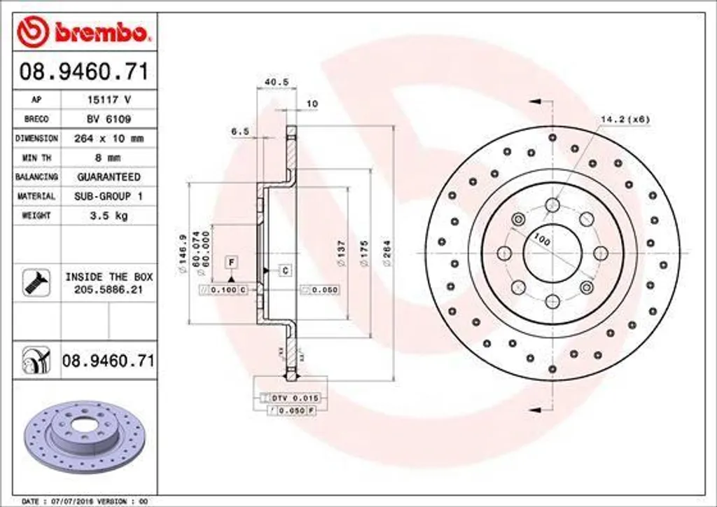 Disque de frein Brembo 08.9460.71 avec revêtement anticorrosion UV OE