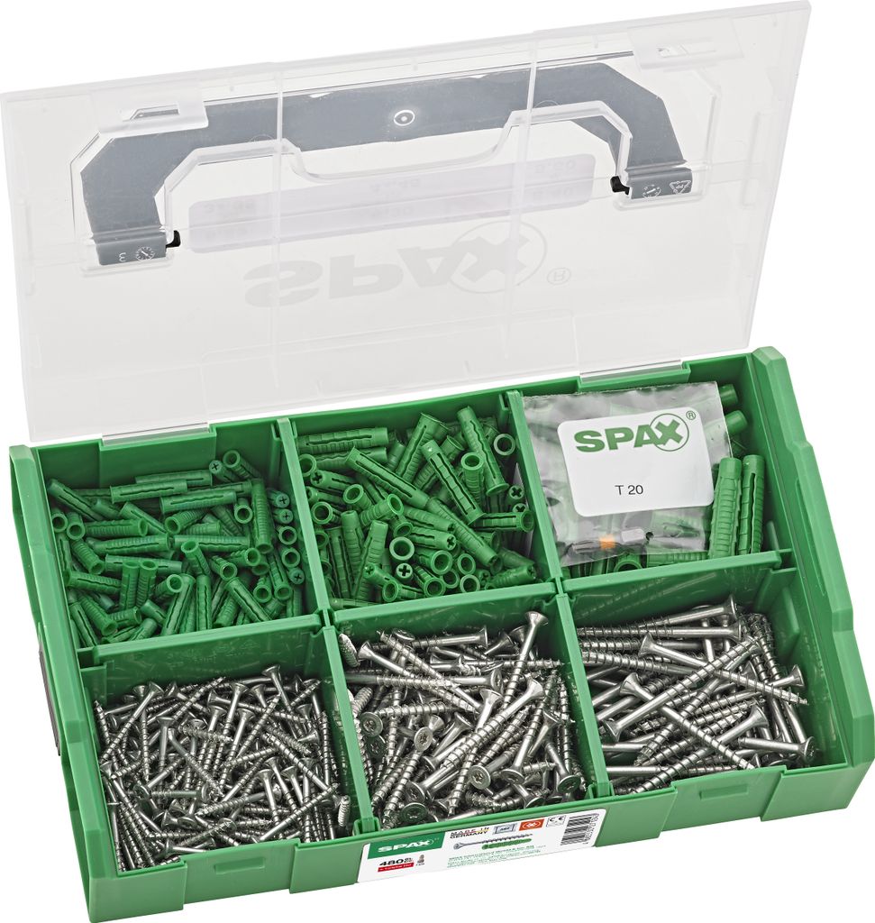 SPAX Sortiment L-BOXX klein, Schrauben-Set mit 3 Abmessungen + Dübel, 480 Stück, Senkkopf, T-STAR plus T20, WIROX - 5000009160209