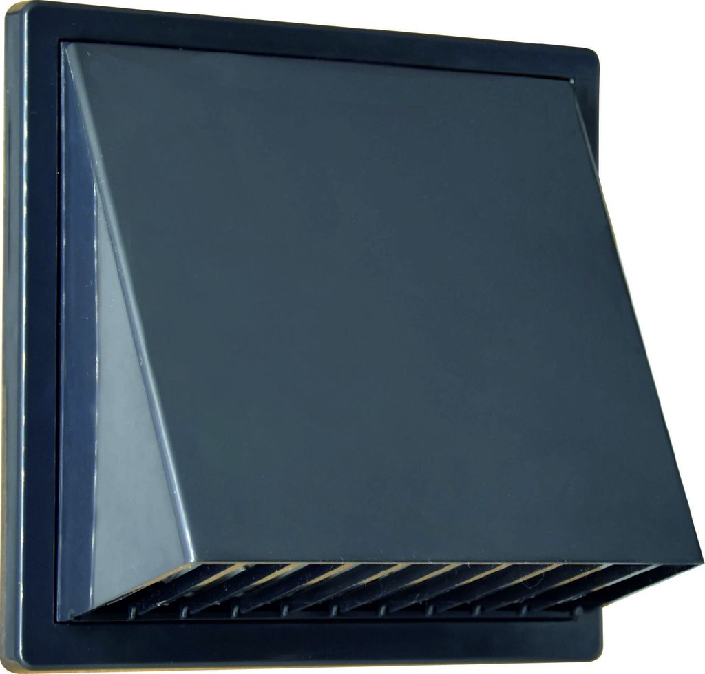 A dark gray ventilation grille with a hood, mounted on a white background.