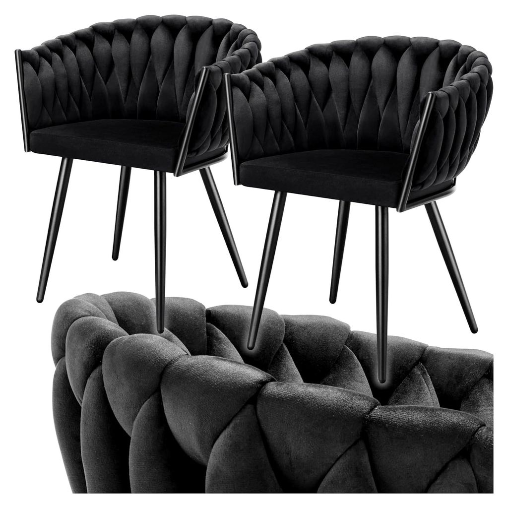 Samtstuhl mit Armlehne in Knotenoptik, Esszimmerstühle, moderne Sessel für Wohnzimmer, Esszimmer, Küchenstühle, Schminktisch, 2er Set - schwarz