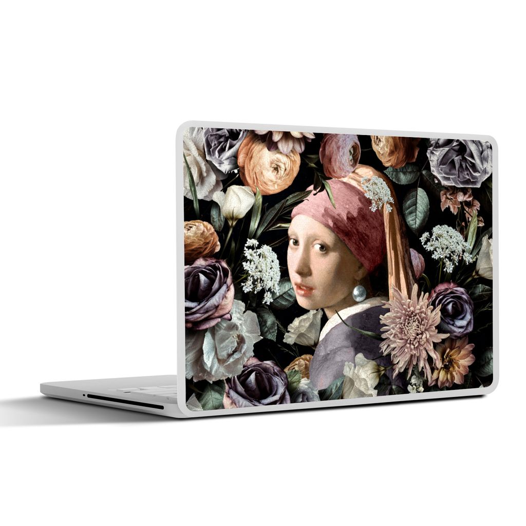 MuchoWow Laptop Aufkleber Sticker Cover Mädchen mit Perlenohrring - Blumen - Vermeer - Pastell - Kunstwerk - Gemälde - Alte Meister 40x30 cm - ...