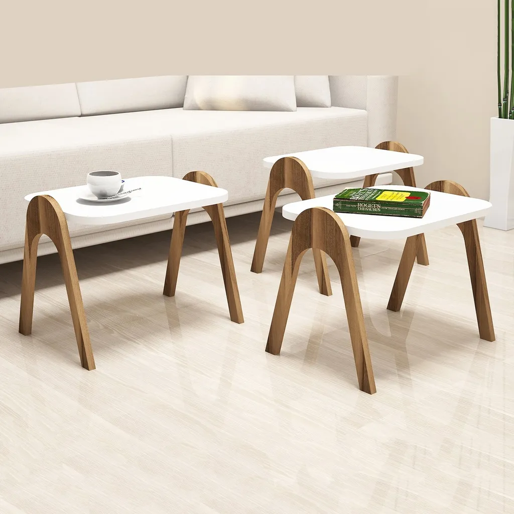 Lot de 3 Tables Basses Gigognes Design Noyer et Blanc - Skye Decor