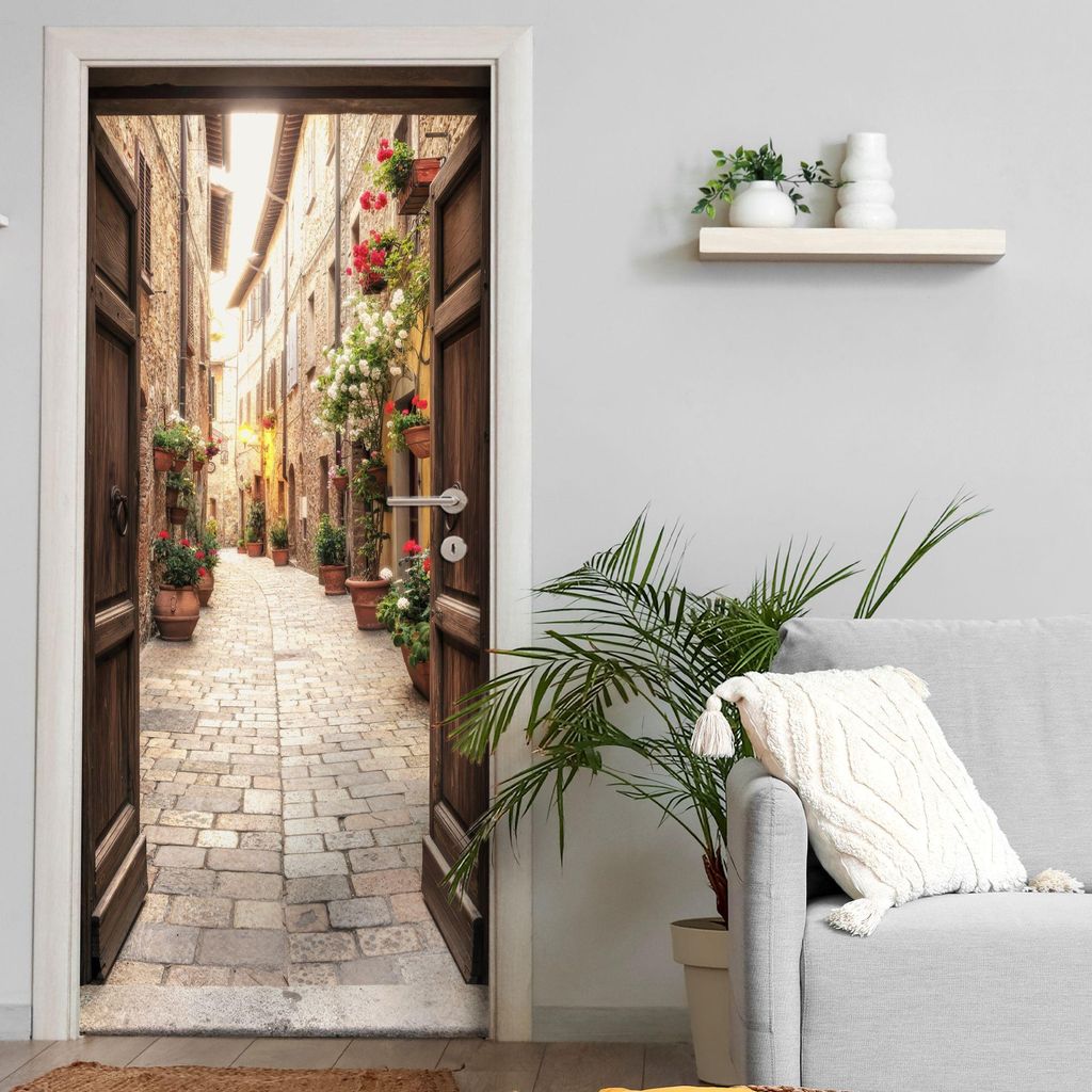 Türtapete selbstklebend | 200 x 90 cm Blick auf alte italienische Gasse | Tür Aufkleber Poster Türfolie | Einteilig | Wasserfest 3D Türaufklebe...