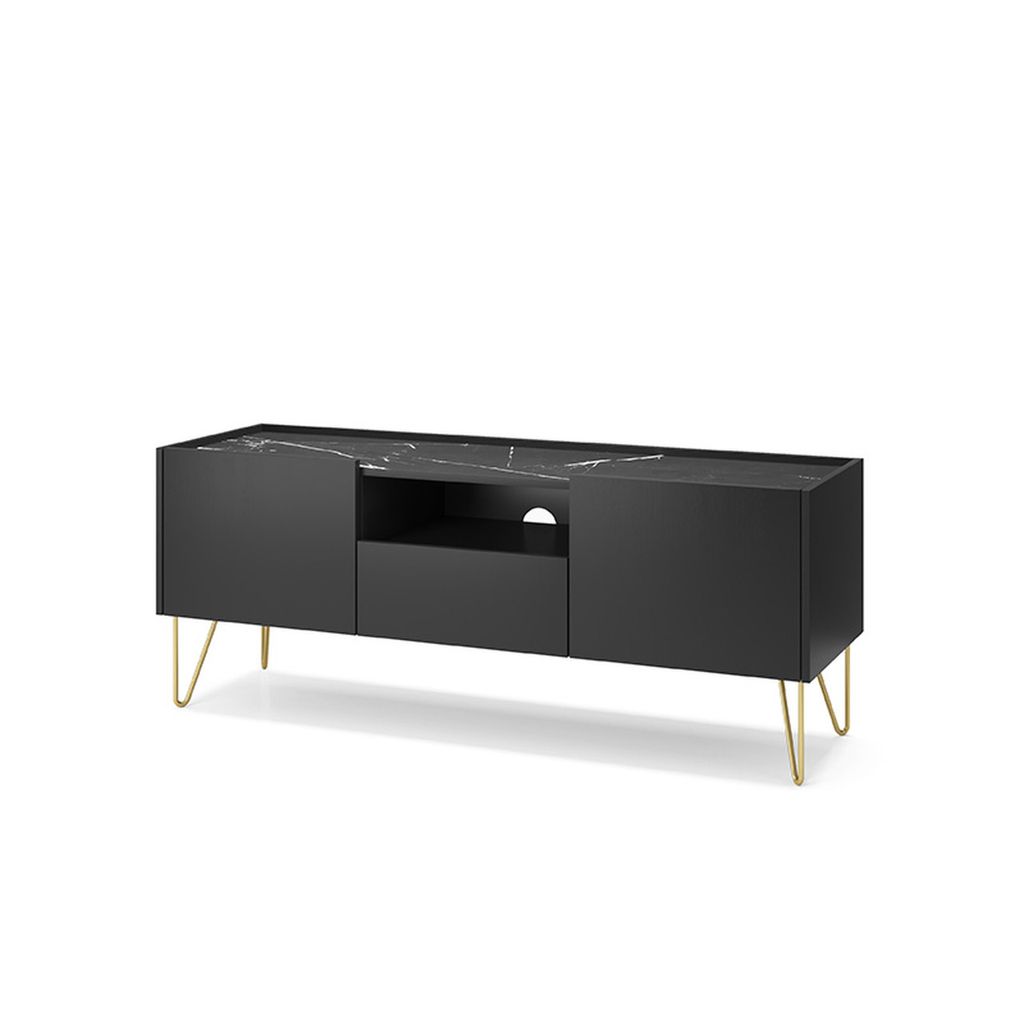 BETTSO Harmony TV Schrank Graphit Schwarz mit Goldbeinen 2 Schränke 1 Schublade Push-to-Open 144x55x37 cm Marmordekor