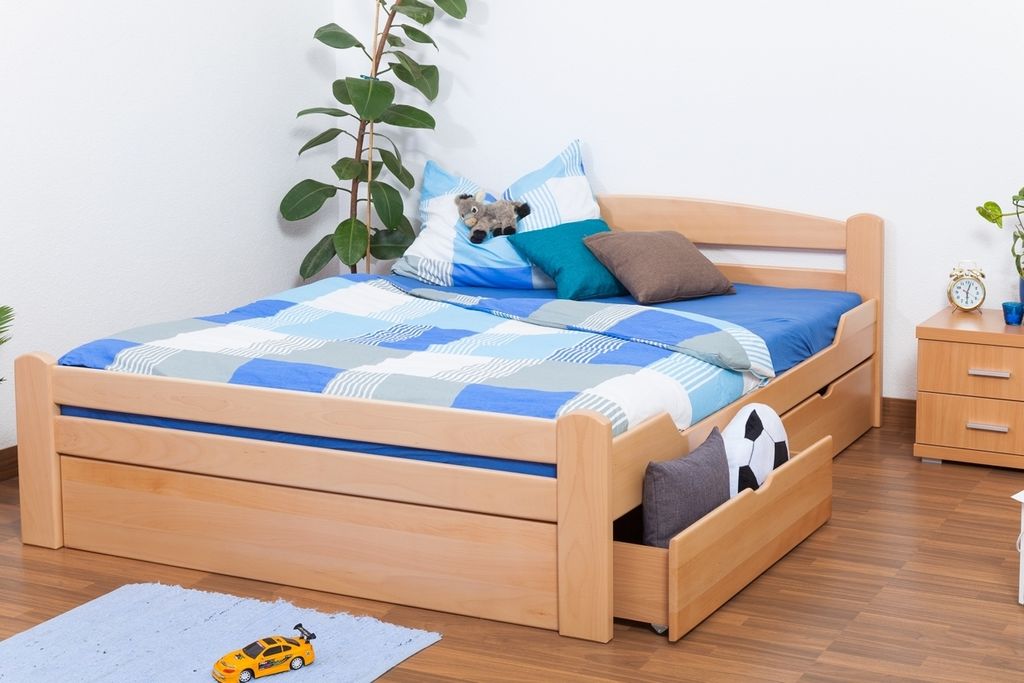 Jugendbett "Easy Premium Line" K4 inkl. 2 Schubladen und 1 Abdeckblende, 160 x 200 cm Buche Vollholz massiv Natur