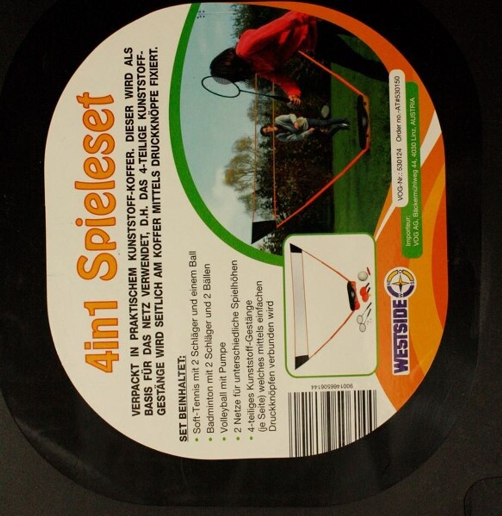 Westside 4in1 Spiele-Komplettset Tragbares Badmintonnetz Volleyball- und Tennisnetz inkl. Aufbewahrungsbox, Schlägern und Bällen