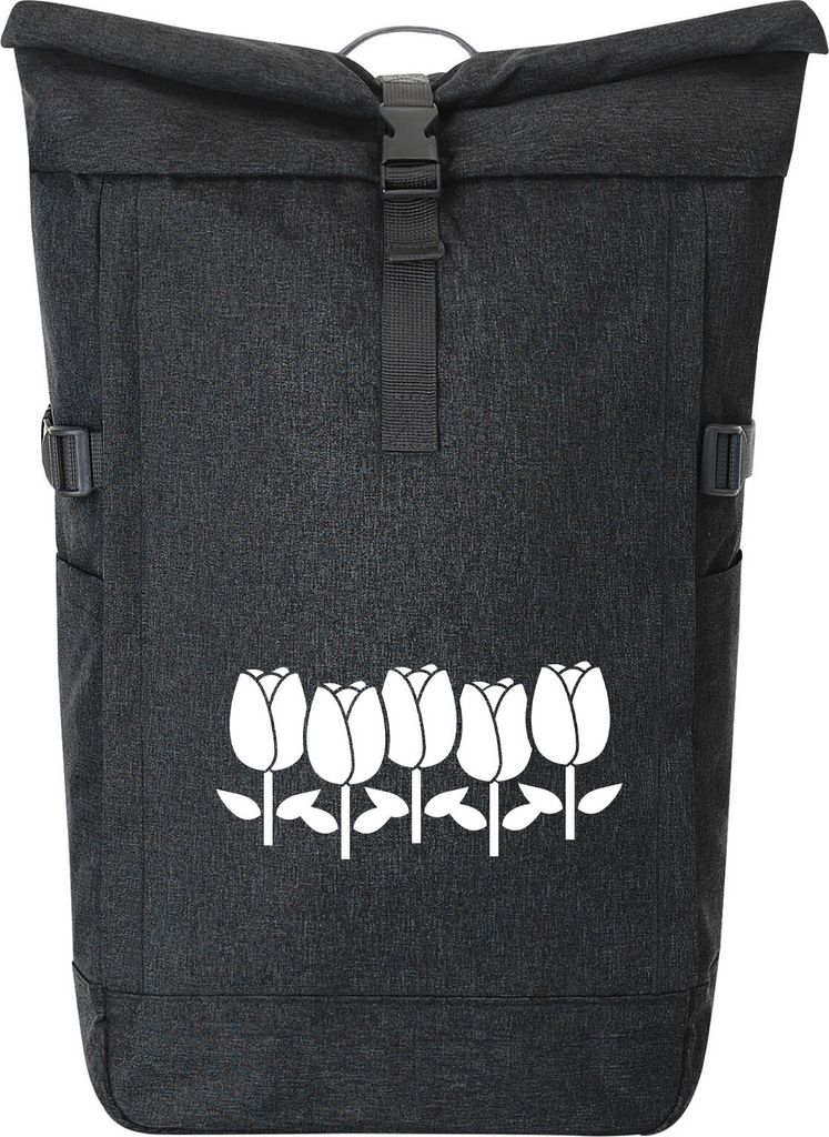 Huuraa Kurierrucksack Tulpen Blüte 30-44 Liter Black Melange Fairtrade Rolltop Rucksack Geschenkidee