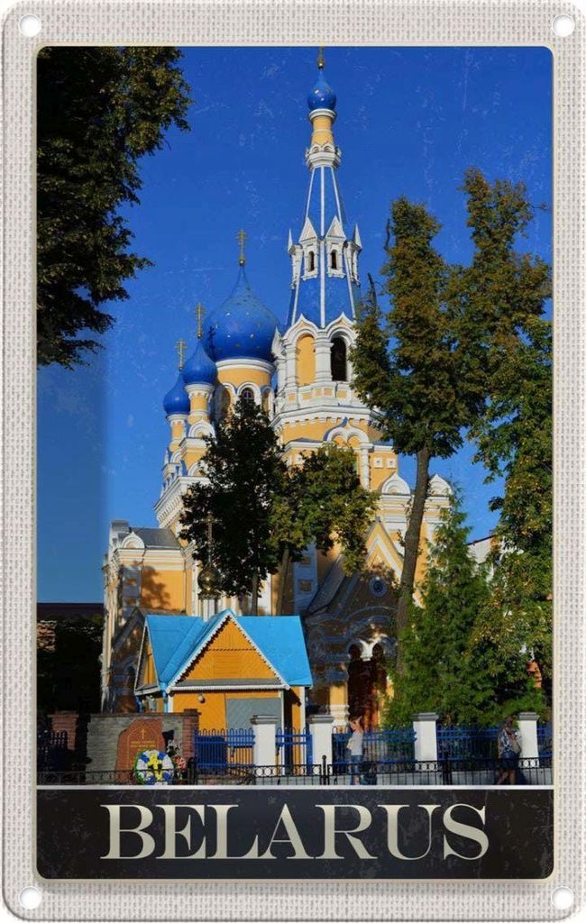 vianmo Blechschild 18x12 cm Belarus Europa Häuser Architektur blau beigein Bildmotiv Reisemotiv Abenteuer Reisen Urlaub