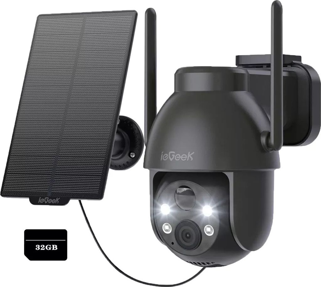 ieGeek 2K 3MP HD Überwachungskamera Aussen Solar 360° PTZ Akku IP Kamera, WLAN Kamera mit PIR Bewegungsmelder, Farb-Nachtsicht, 2-Wege-Audio, 32GB